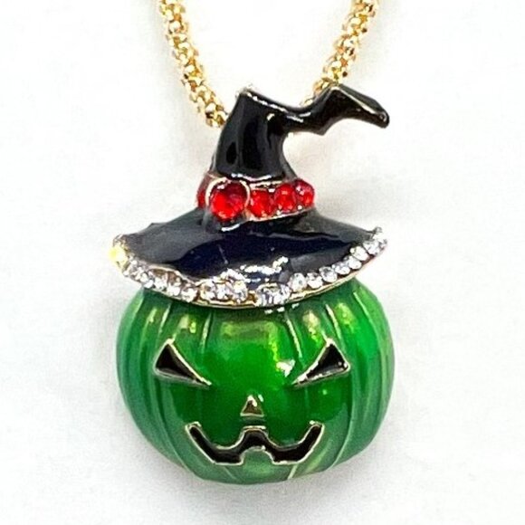 Green PUMPKIN with Black Hat Halloween Pendant Necklace - Picture 1 of 1